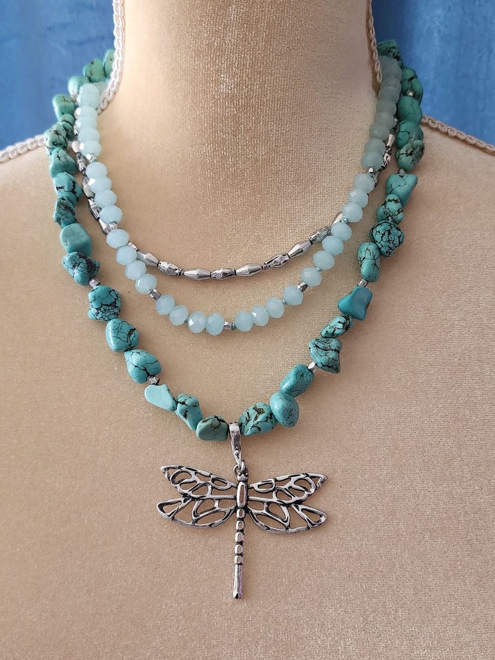 Turquoise Beaded Layered Necklace with Dragonfly Pendant